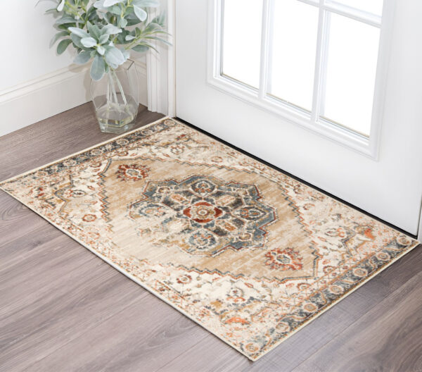 2' X 3' Ivory Tan and Gold Medallion Power Loom Area Rug