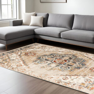 9' X 12' Ivory Tan and Gold Medallion Power Loom Area Rug