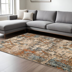 8' X 10' Tan Orange and Gray Abstract Power Loom Area Rug