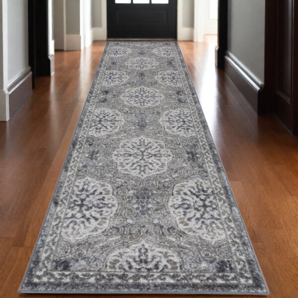 10' Charcoal and Gray Medallion Power Loom Runner Rug
