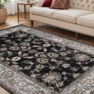 5' X 8' Ivory Black and Gray Floral Power Loom Area Rug