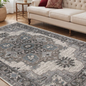 5' X 8' Ivory Taupe and Gray Medallion Power Loom Area Rug