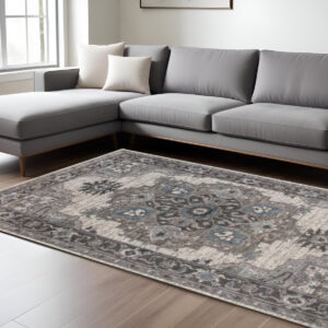 9' X 12' Ivory Taupe and Gray Medallion Power Loom Area Rug