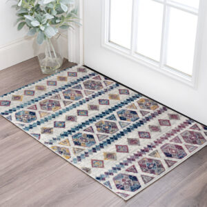 2' X 3' Ivory Blue and Orange Geometric Power Loom Area Rug