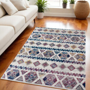 5' X 8' Ivory Blue and Orange Geometric Power Loom Area Rug
