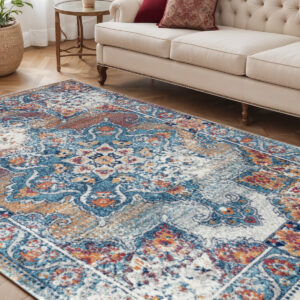 5' X 8' Blue Red and Orange Medallion Power Loom Area Rug