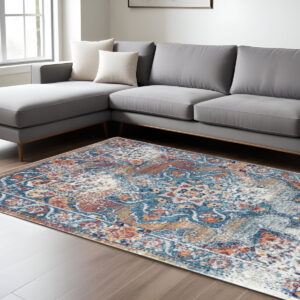8' X 10' Blue Red and Orange Medallion Power Loom Area Rug