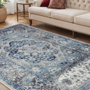 5' X 8' Ivory Blue And Gray Medallion Area Rug