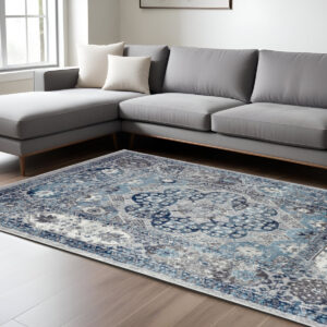 9' X 12' Ivory Blue And Gray Medallion Area Rug