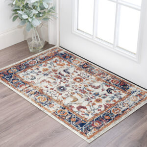 2' X 3' Ivory Navy and Orange Floral Power Loom Area Rug