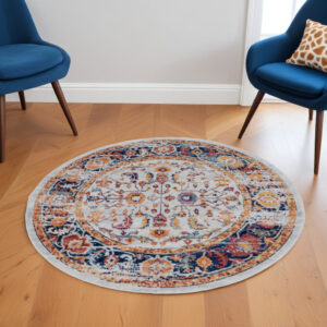 6' Ivory Navy and Orange Floral Power Loom Round Rug
