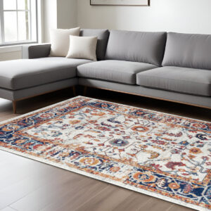 9' X 12' Ivory Navy and Orange Floral Power Loom Area Rug