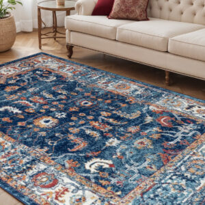 5' X 8' Blue Rust and Orange Oriental Power Loom Area Rug