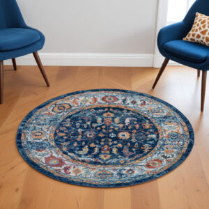 6' Blue Rust and Orange Oriental Power Loom Round Rug