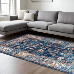 8' X 10' Blue Rust and Orange Floral Power Loom Area Rug