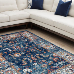 9' X 12' Blue Rust and Orange Oriental Power Loom Area Rug