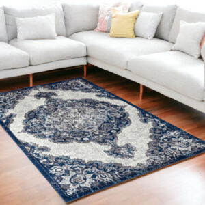 5' X 8' Navy and Ivory Medallion Power Loom Area Rug