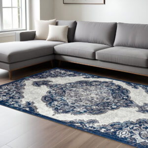9' X 12' Navy and Ivory Medallion Power Loom Area Rug