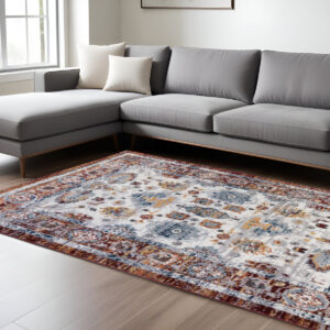 8' X 10' Ivory Brown and Orange Floral Power Loom Area Rug