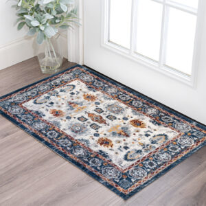 2' X 3' Ivory Navy and Orange Floral Power Loom Area Rug