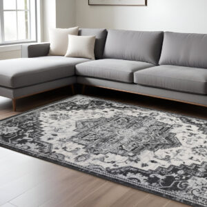 9' X 12' Ivory Black and Gray Medallion Power Loom Area Rug