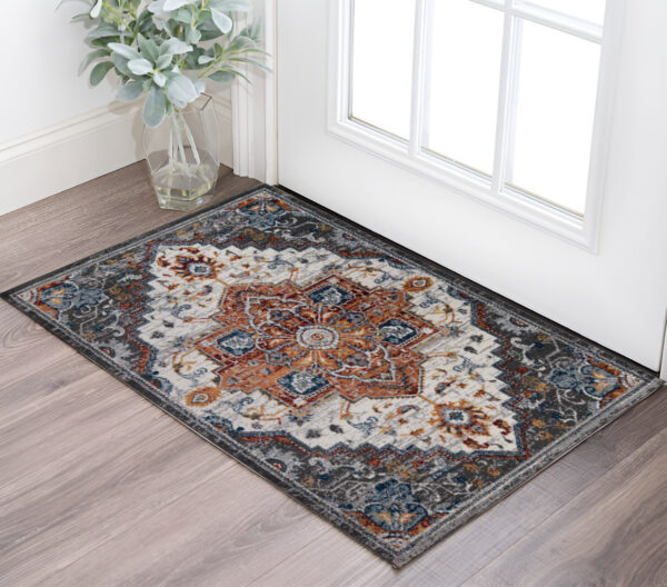 2' X 3' Gray Rust and Orange Medallion Power Loom Area Rug