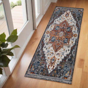 6' Gray Rust and Orange Medallion Power Loom Runner Rug