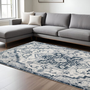 9' X 12' Navy and Ivory Medallion Power Loom Area Rug