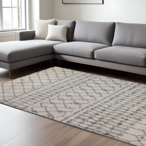 7' X 9' Gray And Ivory Geometric Shag Area Rug