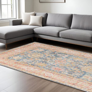 9' X 13' Blue Gold And Orange Floral Area Rug