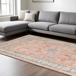 9' X 13' Blue Gold And Orange Floral Area Rug