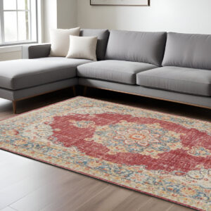 9' X 13' Orange Red And Gold Medallion Area Rug