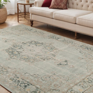5' X 8' Green And Light Gray Medallion Area Rug