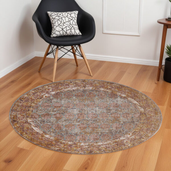 6' Teal And Orange Medallion Round Rug