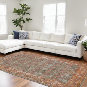 7' X 9' Teal And Orange Medallion Distressed Area Rug