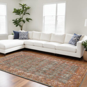 10' X 14' Teal And Orange Medallion Worn/Fade Area Rug