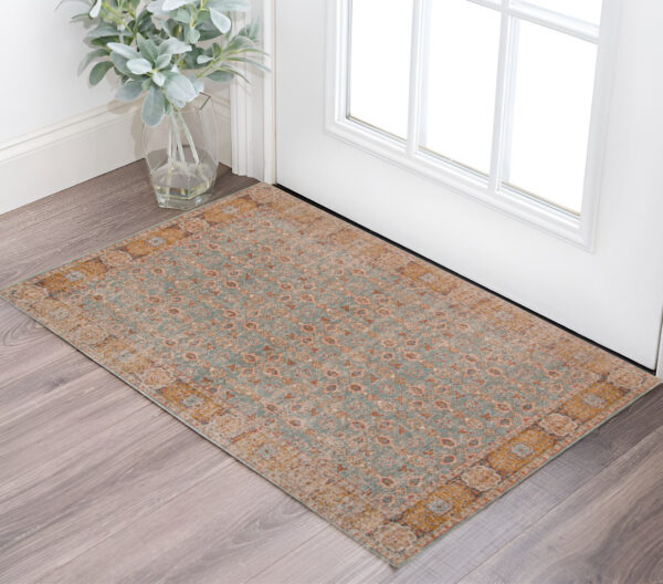 2' X 3' Teal Red and Orange Oriental Power Loom Worn Faded Area Rug