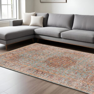 6' X 8' Teal Red And Orange Medallion Area Rug