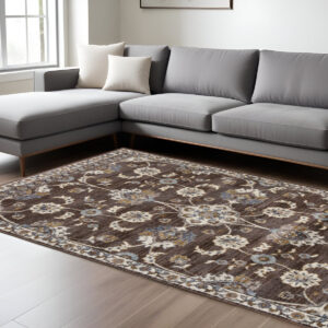 8' X 10' Ivory Blue And Brown Floral Area Rug
