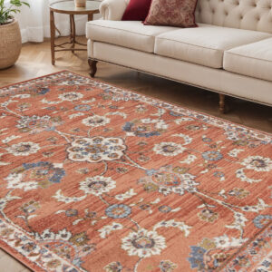 5' X 8' Ivory Blue and Orange Floral Power Loom Area Rug
