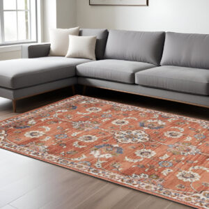 9' X 12' Ivory Blue And Orange Floral Area Rug