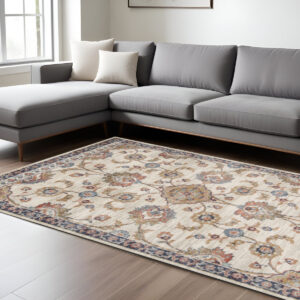 9' X 12' Ivory Tan And Blue Floral Area Rug