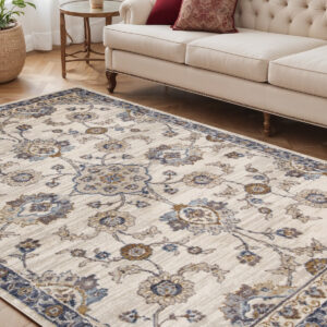 5' X 8' Ivory And Charcoal Floral Area Rug