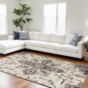 6' X 9' Ivory Gray and Black Floral Medallion Power Loom Area Rug