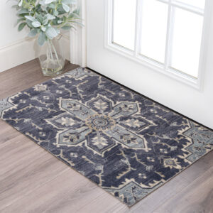 2' X 3' Ivory Gray And Purple Floral Medallion Area Rug