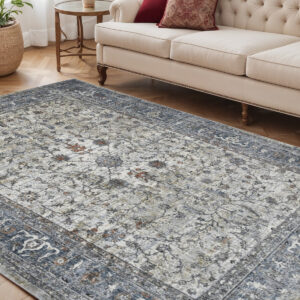 5' X 8' Ivory Blue And Gray Oriental Area Rug