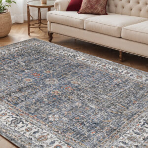 5' X 8' Ivory Charcoal And Orange Oriental Area Rug