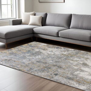 9' X 12' Ivory Blue And Yellow Abstract Area Rug