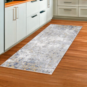 8' Ivory Blue And Yellow Abstract Runner Rug