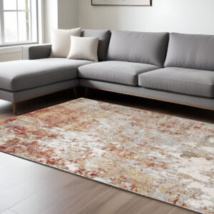 9' X 12' Ivory Red And Cream Abstract Area Rug